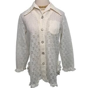 Vintage 70s Daisy lace ruffle off white wide collar button down blouse size M
